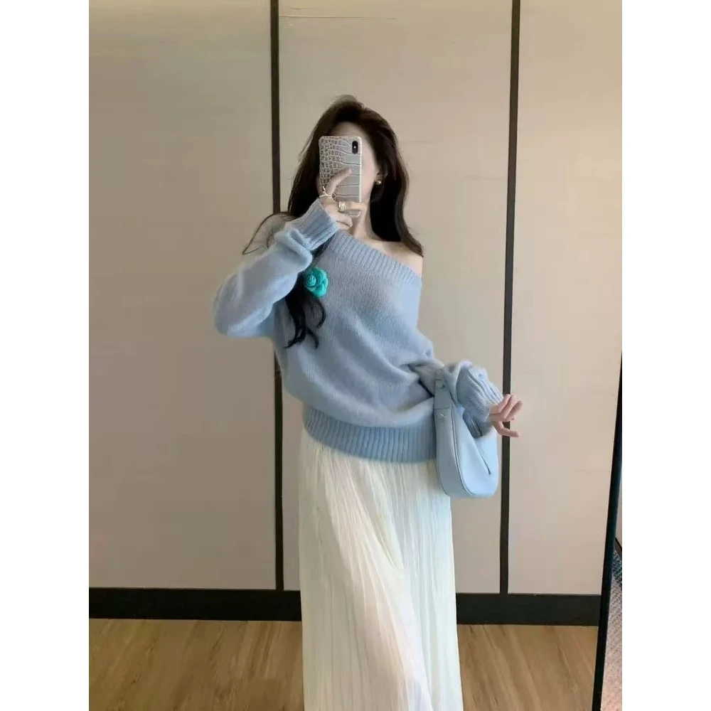 雾蓝色毛衣针织套衫女2025早秋氛围感慵懒风长袖上衣半身裙套装