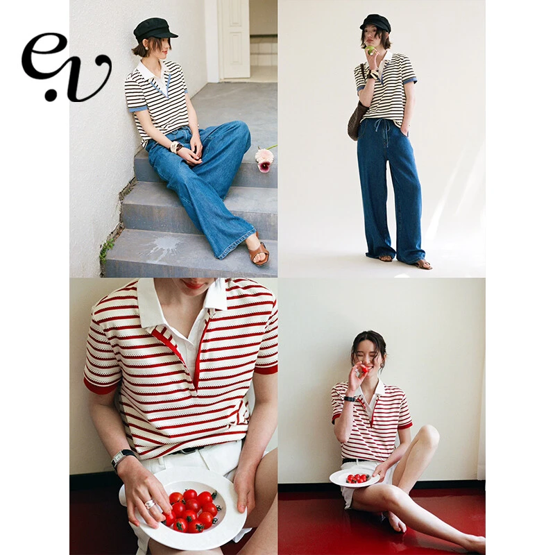 EvenVintage · 海风闲情 假两件春夏条纹polo宽松短袖上衣