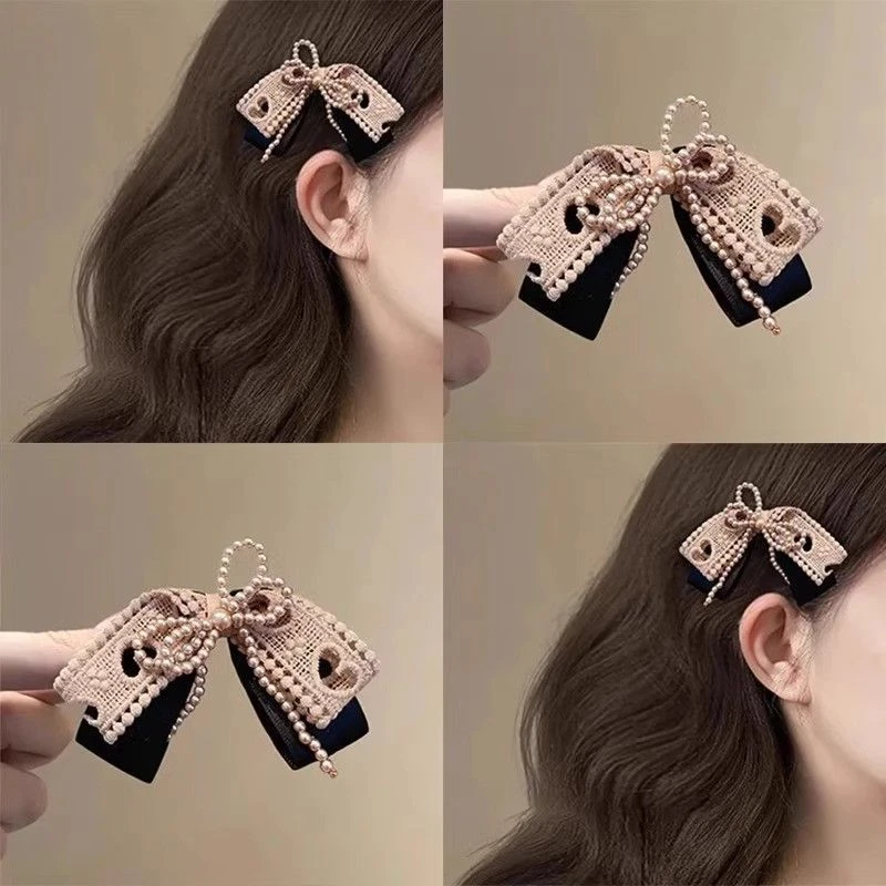 韩国小众珍珠蝴蝶结发夹女高级感精致轻奢后脑勺鸭嘴夹发饰头饰