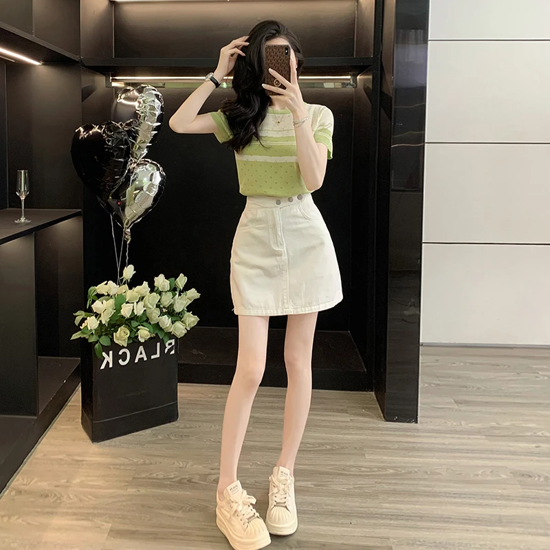 正肩短袖t恤女小个子夏天短裙A字半身裙爆款2025新款微胖显瘦套装