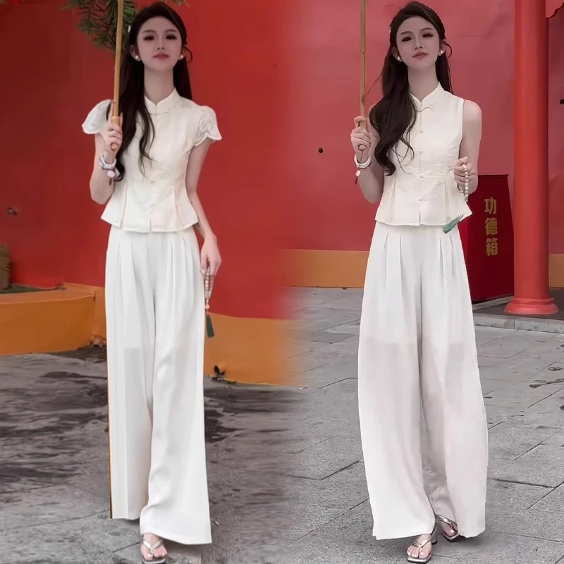 新中式国风时尚显瘦套装女2025夏季新款洋气短袖上衣阔腿裤两件套