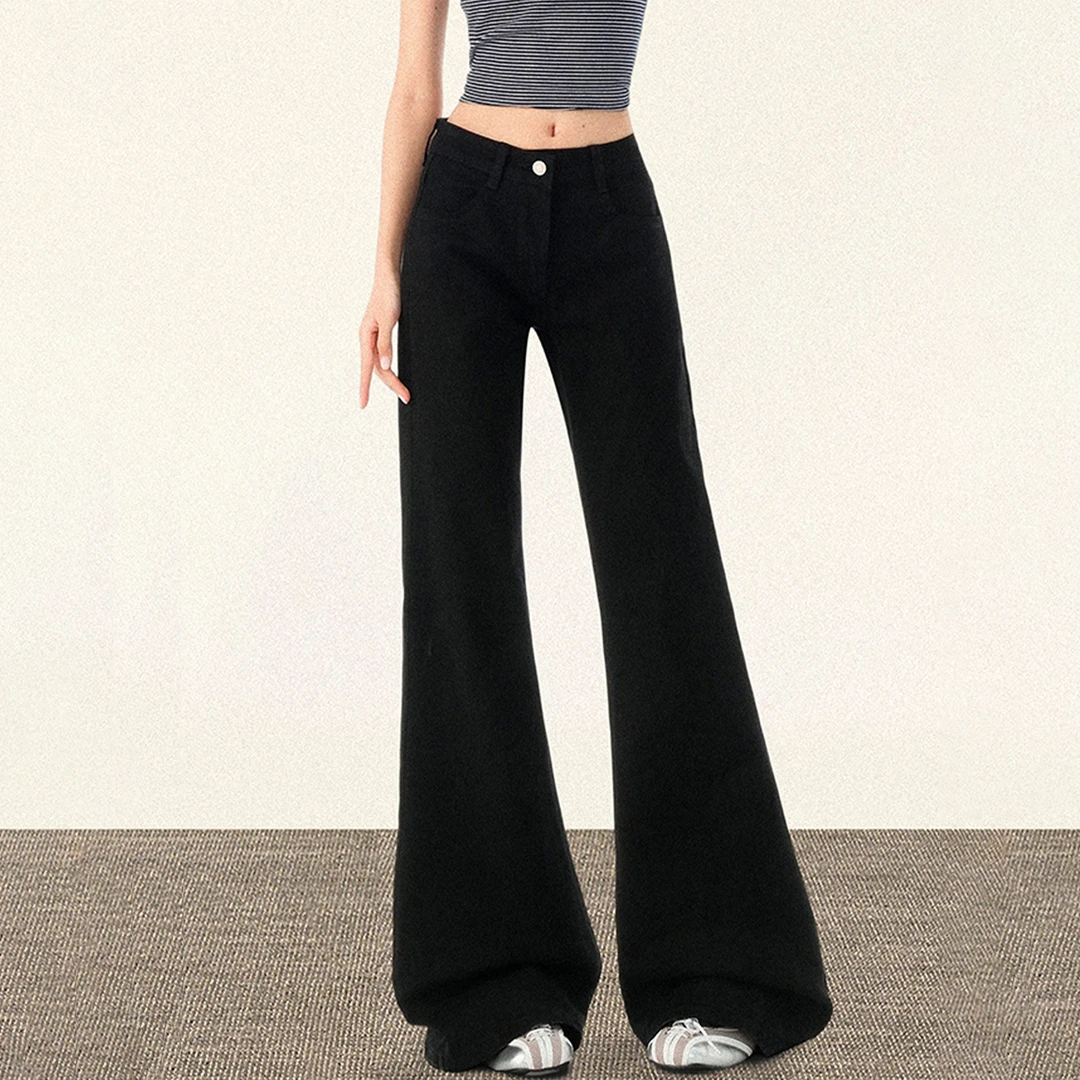 大码黑色遮肉微喇牛仔裤早秋款梨形身材高腰显瘦简约百搭喇叭裤子