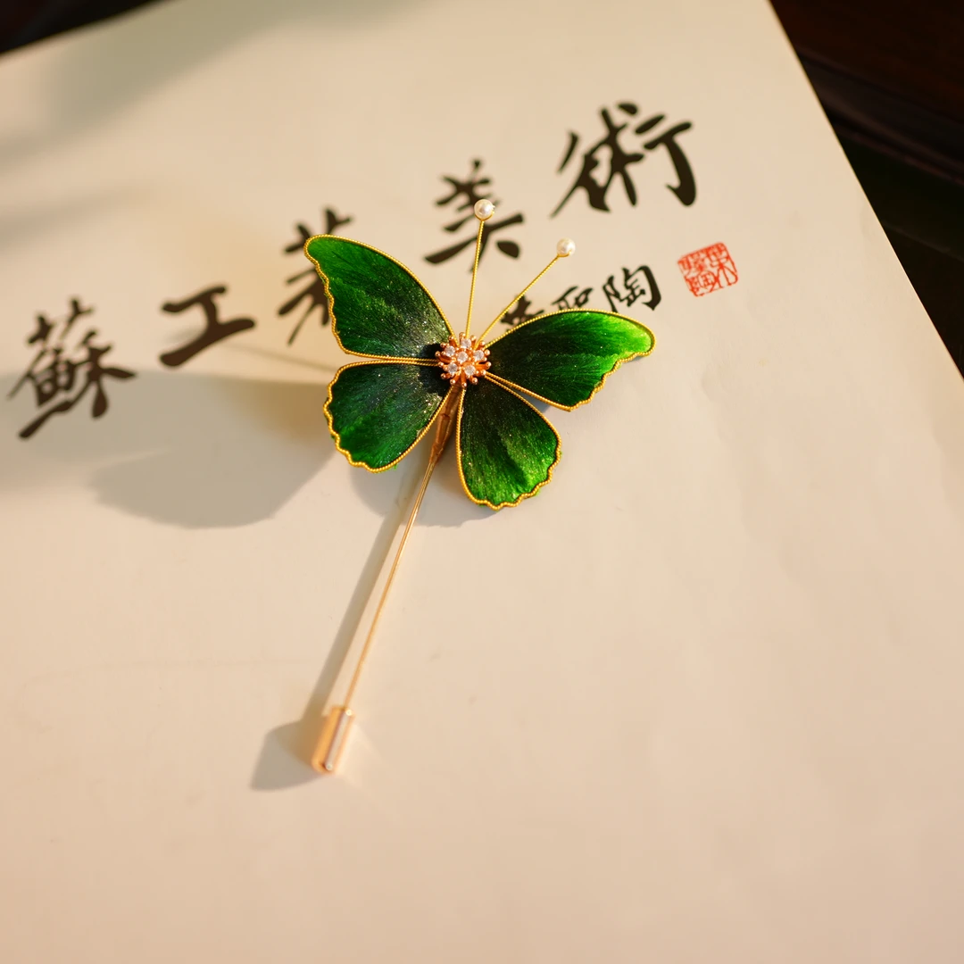 【蝴蝶胸针】墨绿色 非遗掐丝绒花工艺 日常国风仙女百搭