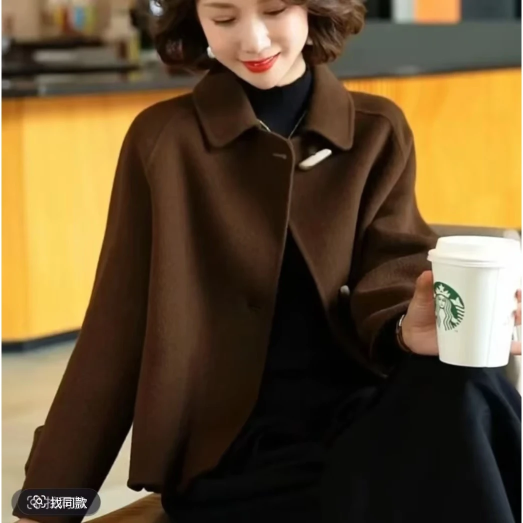 新款高级感宽松翻领呢子外套搭配休闲阔腿裤秋冬新款遮肉显瘦女装