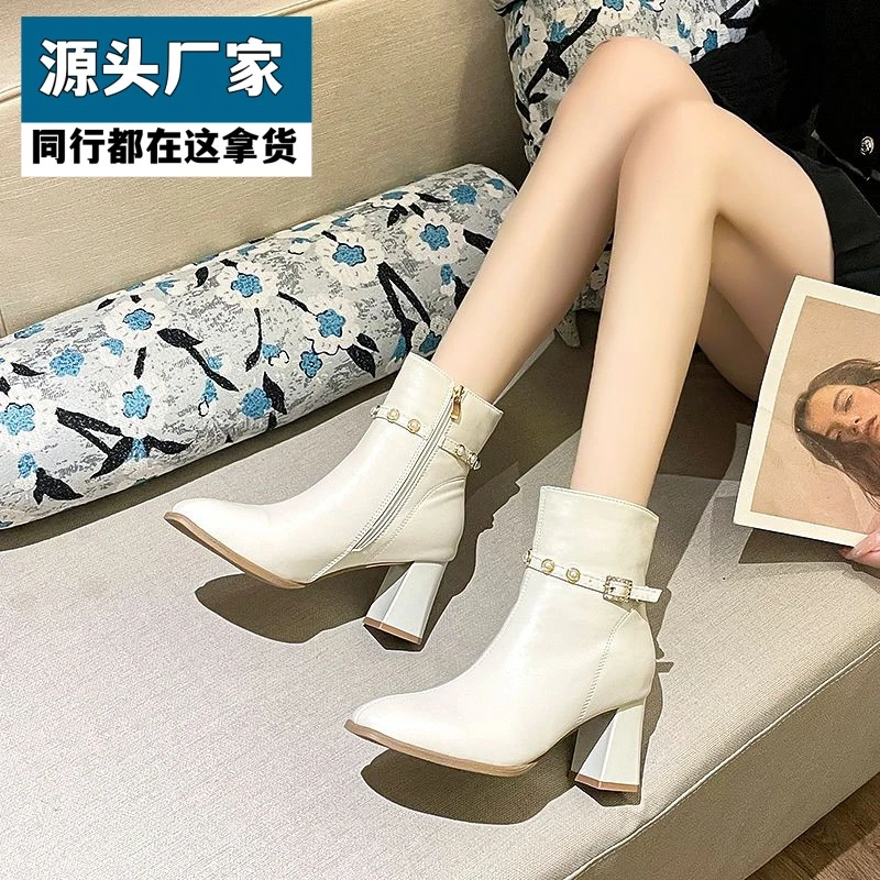 梵乐芬韩版显瘦小众珍珠ins风2025秋冬新款时尚名媛粗中跟女鞋方
