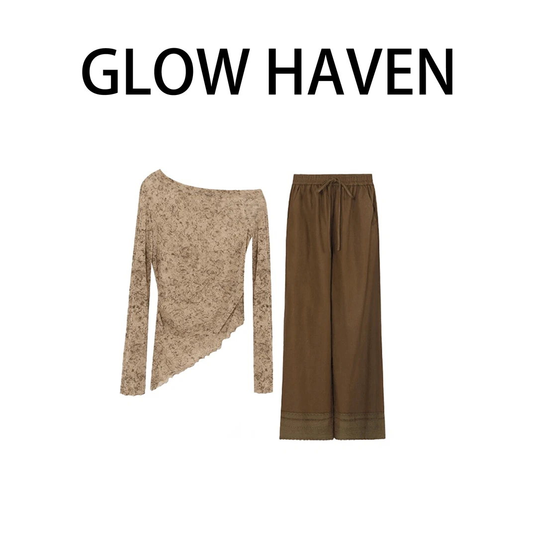 独特漂亮小衫辣妹套装晕染不规则长袖针织衫秋季抽绳休闲裤两件套