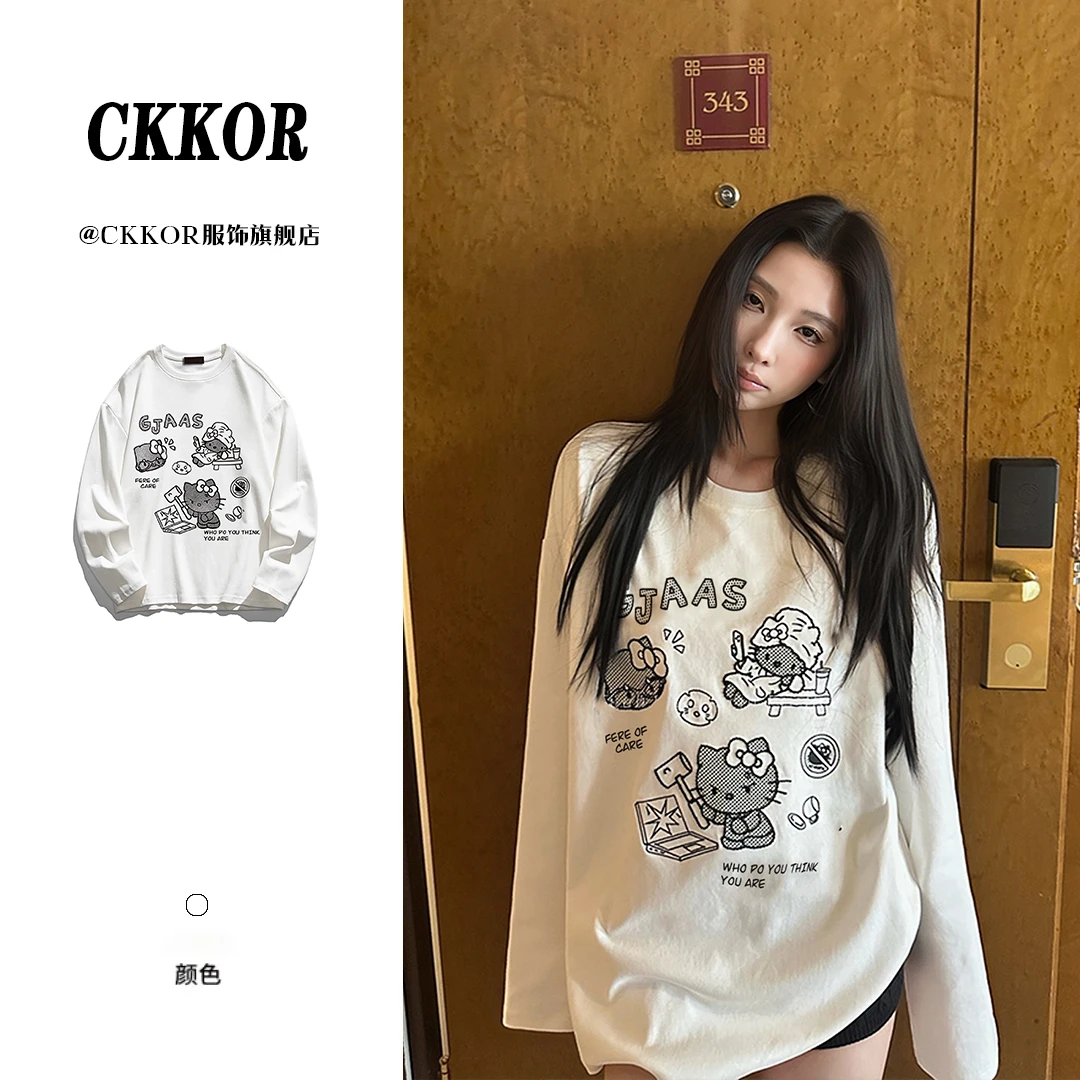 春秋纯棉圆领长袖t恤女美式ins设计感学生休闲百搭通勤上衣