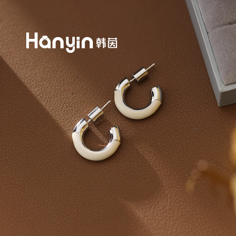 铜合金树脂耳饰 925银针光面半圆撞色耳钉时尚百搭耳环