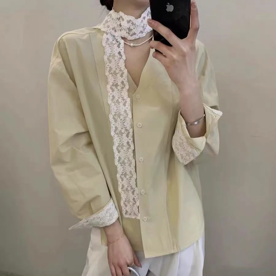 5877 /120韩系温柔风高级感V领泡泡袖衬衫女春季宽松显瘦