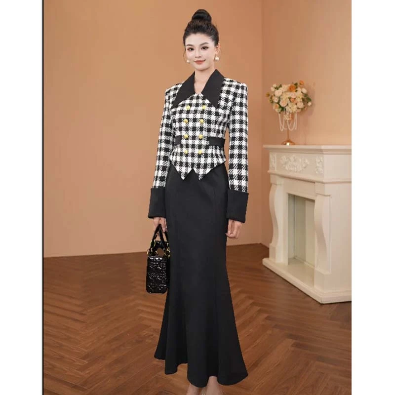 【有里布】2025春秋装小香风娃娃领减龄格纹拼接鱼尾连衣裙TX0176