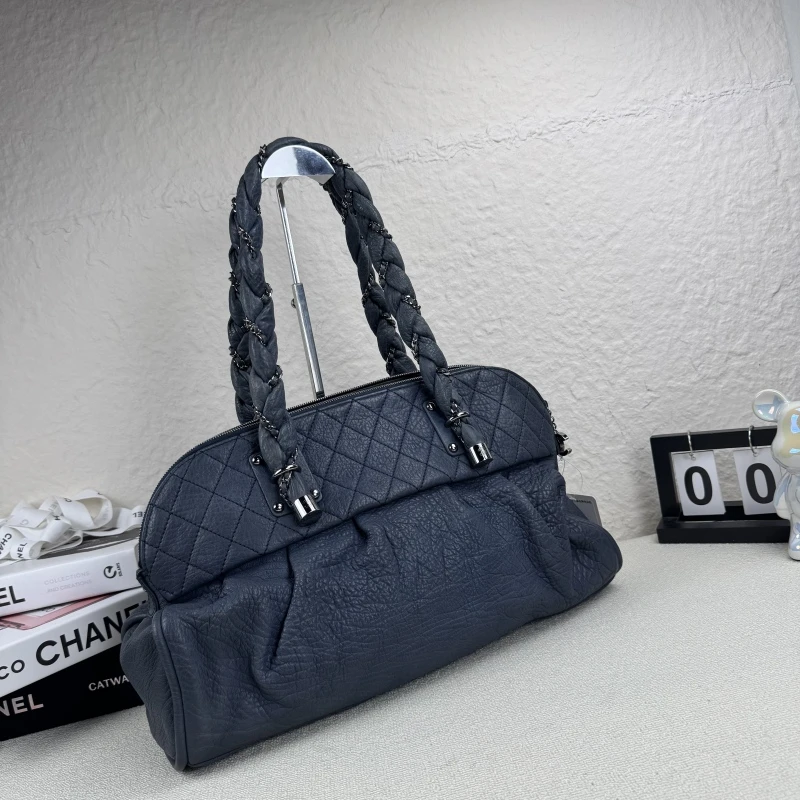 95新 Chanel/香奈儿 深灰色掌纹牛皮麻花辫单肩包 底长45 11开