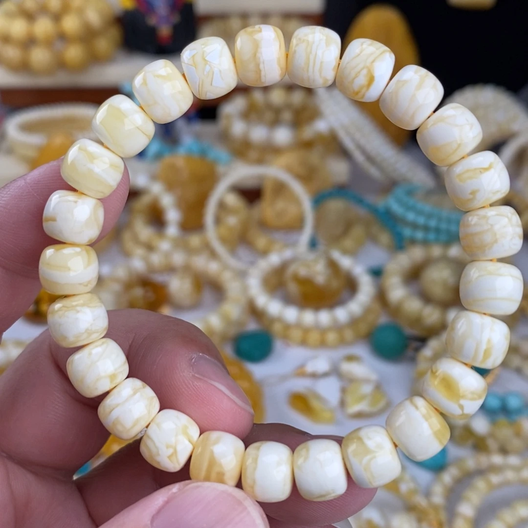 大***）蜜蜡未镶嵌手链瓷白白底细纹虎皮纹9.2mm