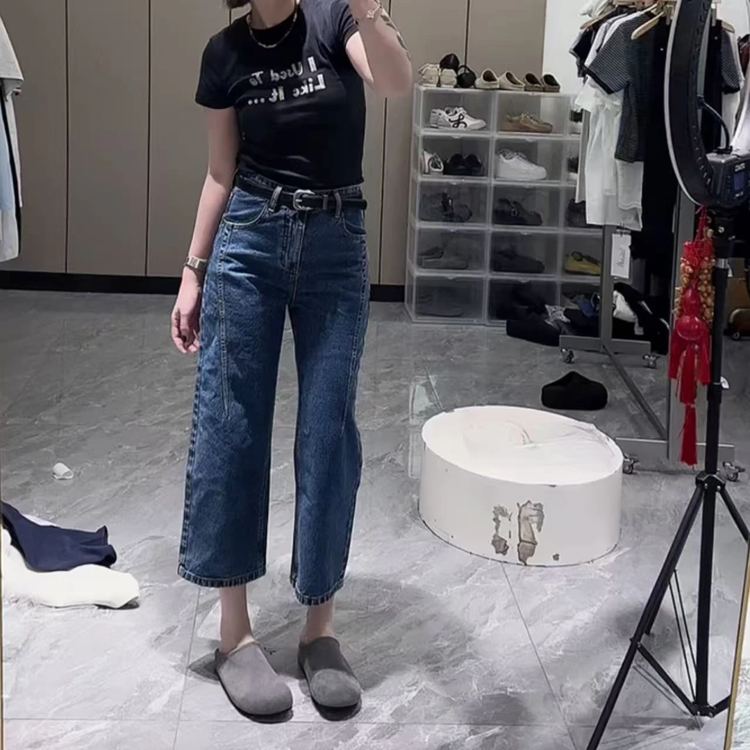 飞芊娅新款爆款时尚高腰直筒牛仔裤女款梨形身材小个子九分法棍裤