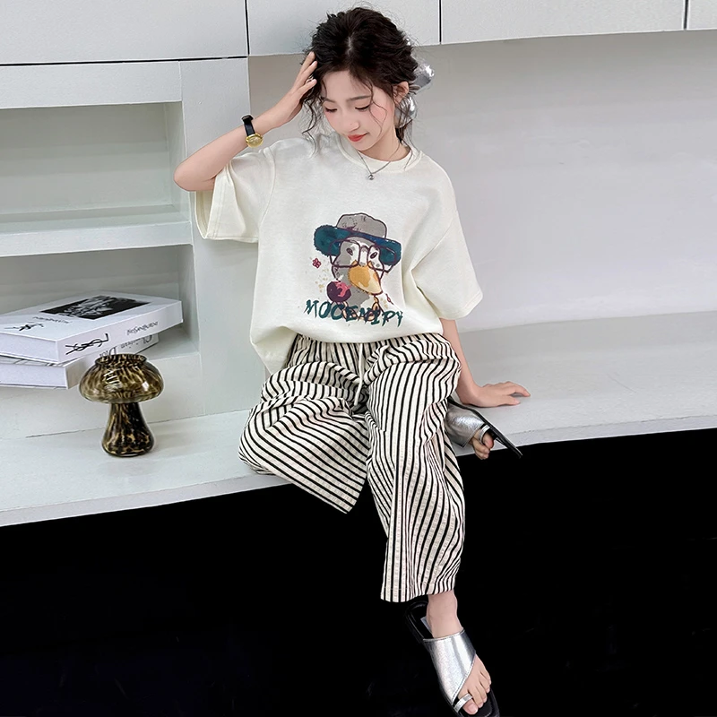 女童夏季套装2025新款洋气时髦夏装女孩卡通短袖阔腿裤潮酷两件套