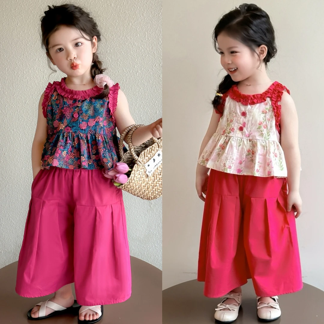 女童夏季奶甜风新款满印花朵阔腿裤花边两件套