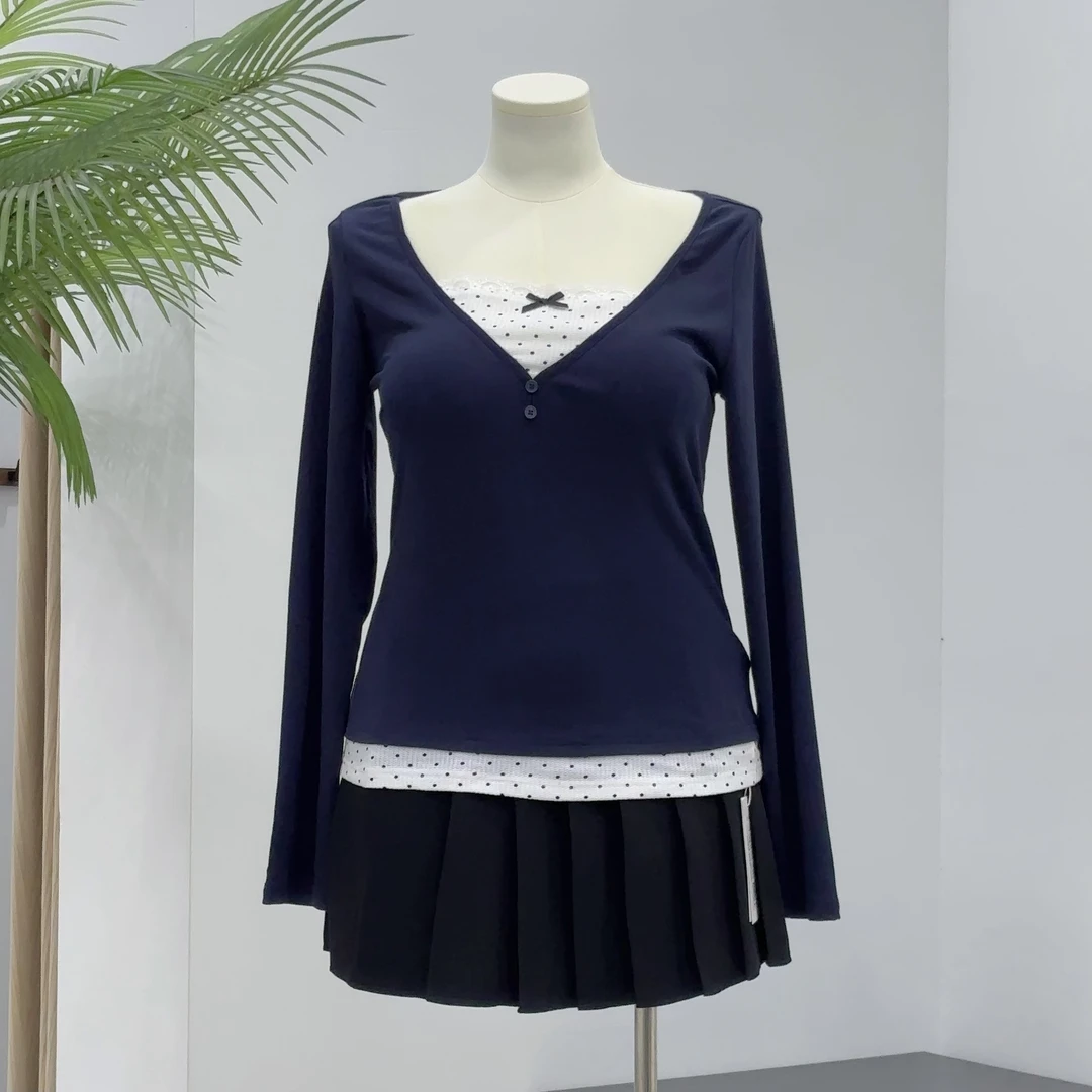 甜辣波点｜大码美式甜辣复假两件打底衫上衣女纯欲紧身显瘦长袖T恤