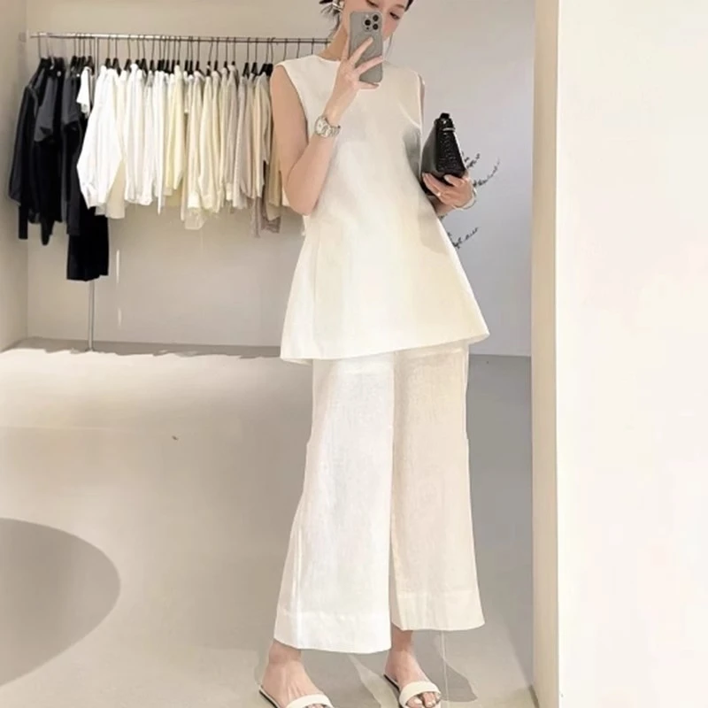 欧洲站优雅老钱风时尚亚麻套装2025夏收腰A字版上衣亚麻套装女