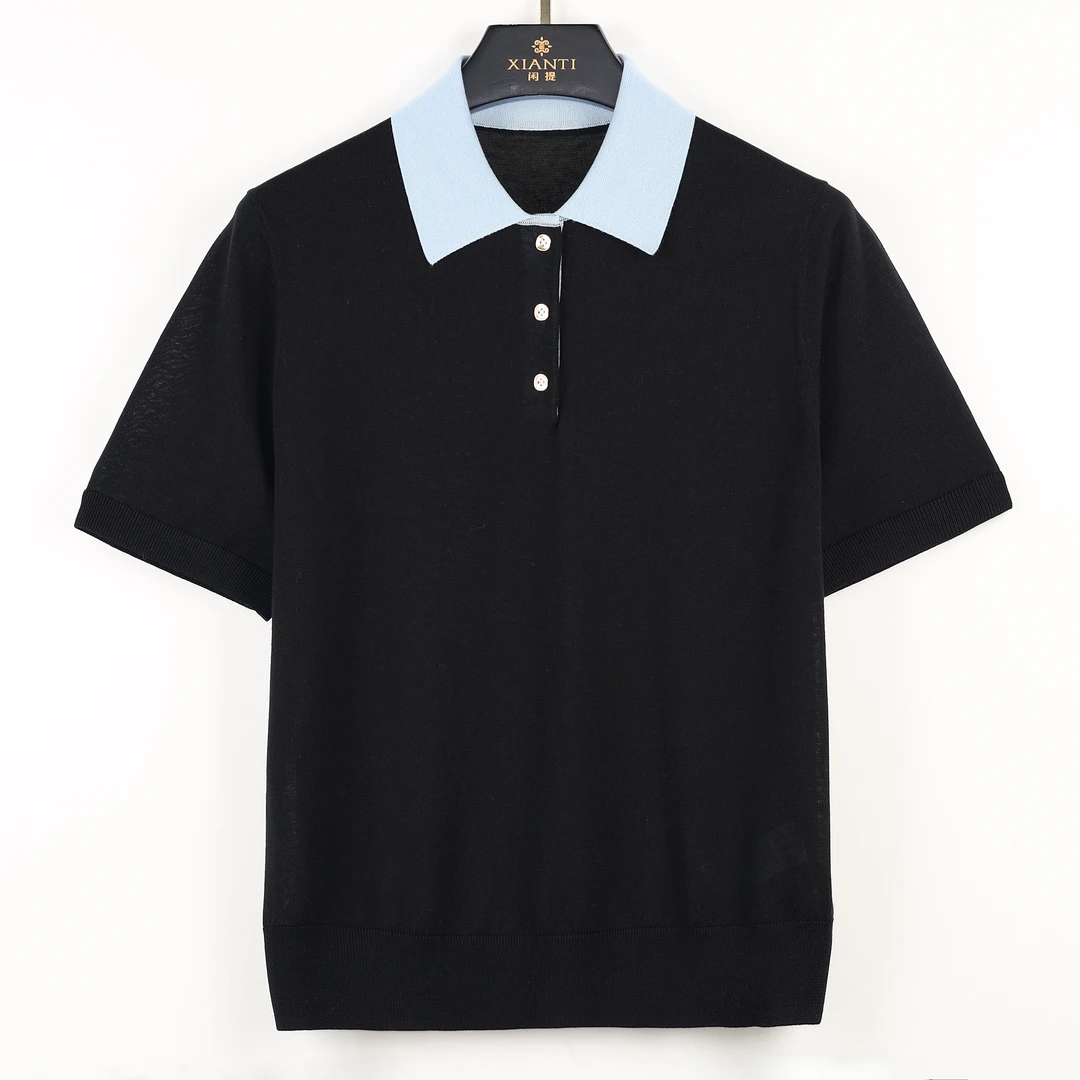 【轻奢-高品】高支轻薄时尚气质撞色翻领短袖针织衫女-2512075