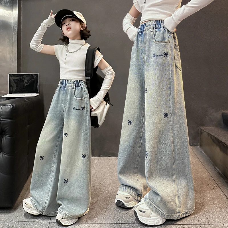 女童牛仔阔腿裤秋冬装2025新款中大儿童秋季加绒裤子6-12岁长裤潮
