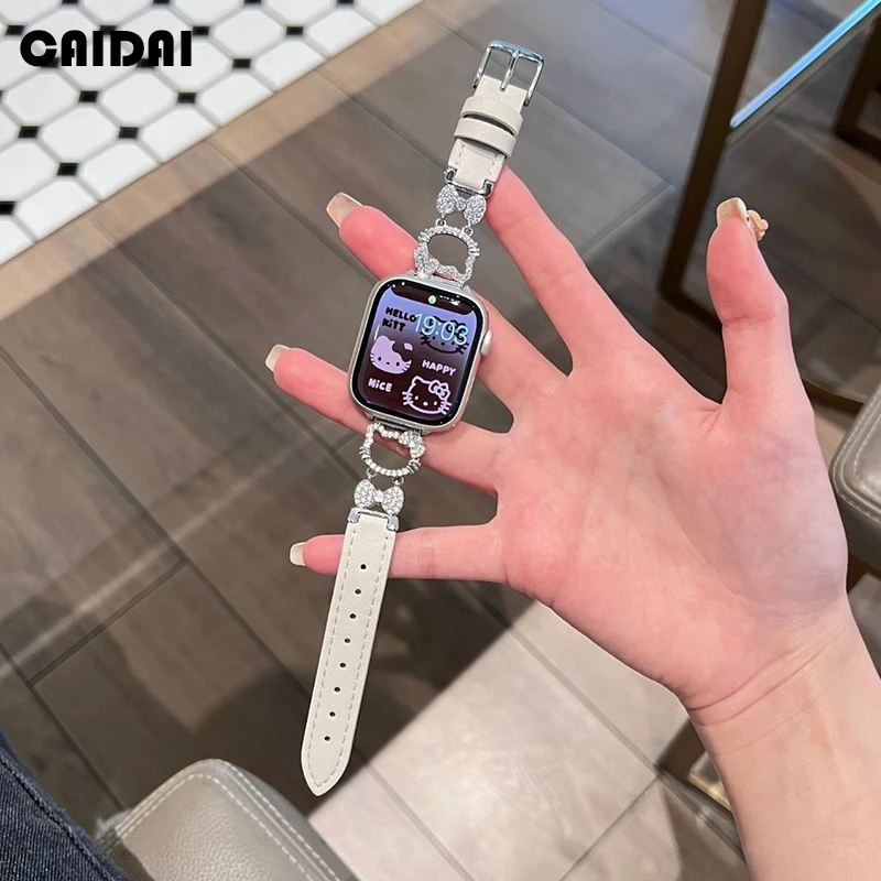 适用苹果iwatchS11/10手表表带kt猫金属闪钻拼真皮S9女款Ultra夏