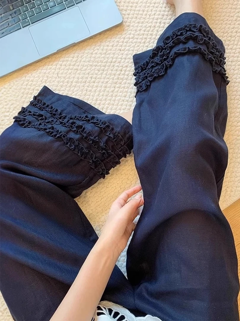 夏季新款松弛感木耳花边直筒休闲裤小个子百搭松紧高腰阔腿九分裤