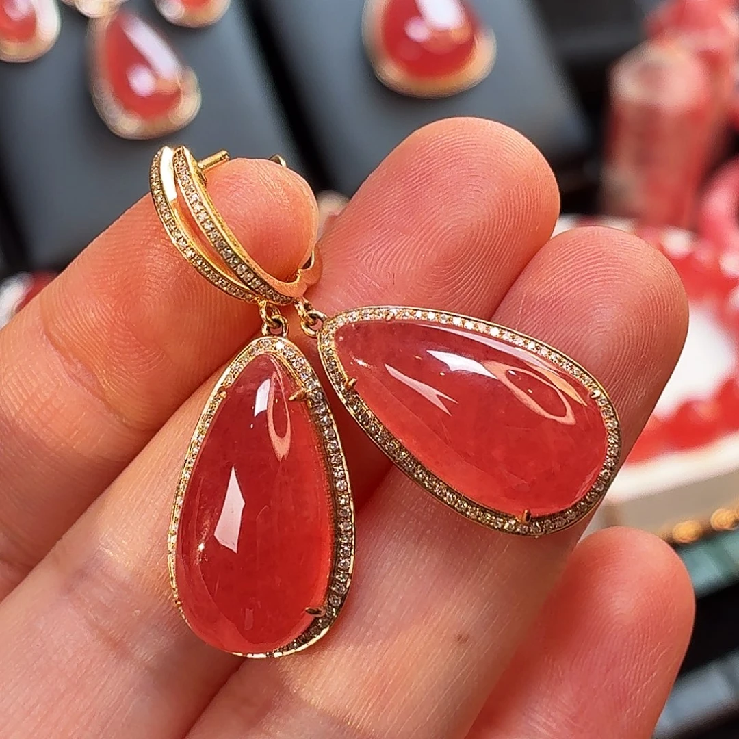 菱锰矿（红纹石）18K金镶嵌耳坠