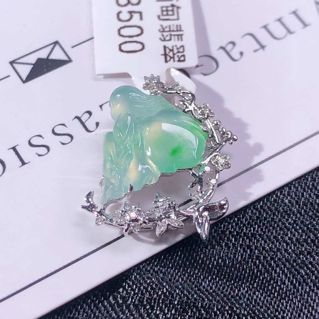 天然A货缅甸翡翠18k金镶嵌老坑高冰种阳绿蝴蝶仙子吊坠尺寸20/15