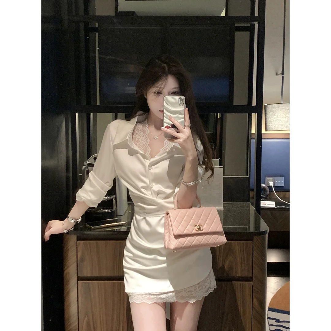 新款法式高级感气质收腰系带连体蕾丝拼接不规则设计衬衫裙新款
