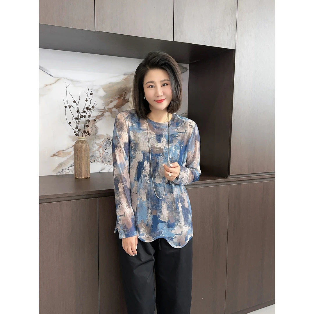 GS显瘦【涂鸦T恤】牛仔色晕染波浪边网纱T恤长袖上衣高级感20633
