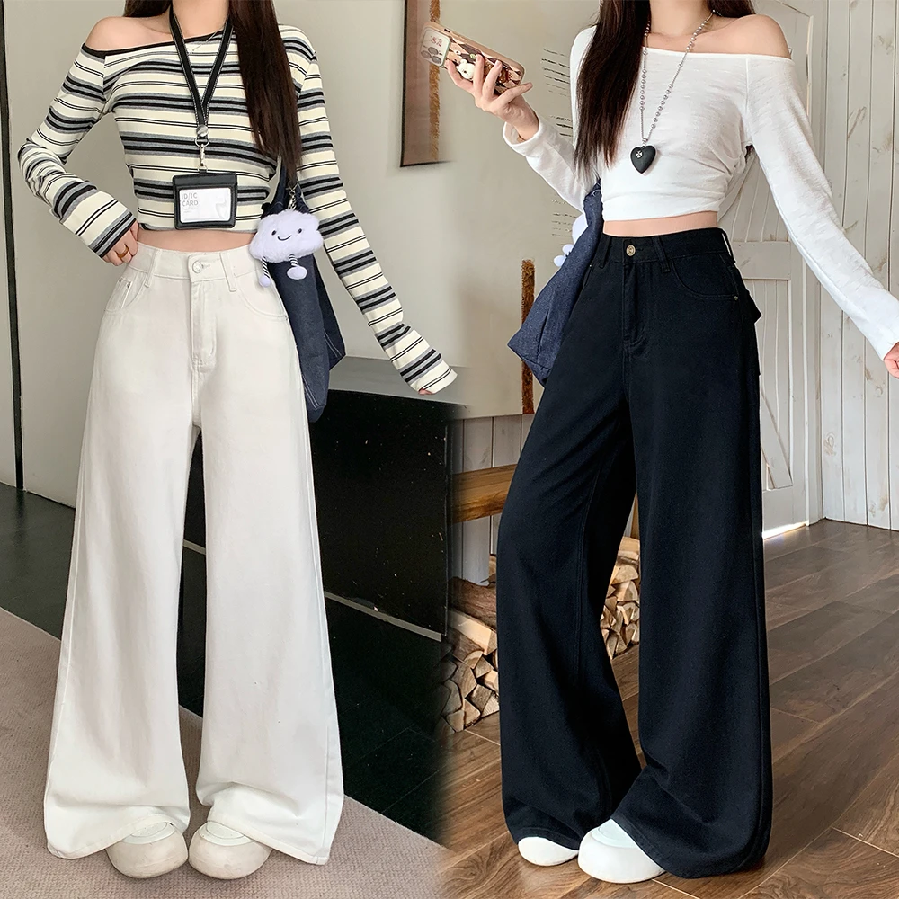 【wy】 牛仔裤长裤大码女孩秋季高腰宽松显瘦阔腿牛仔裤3725