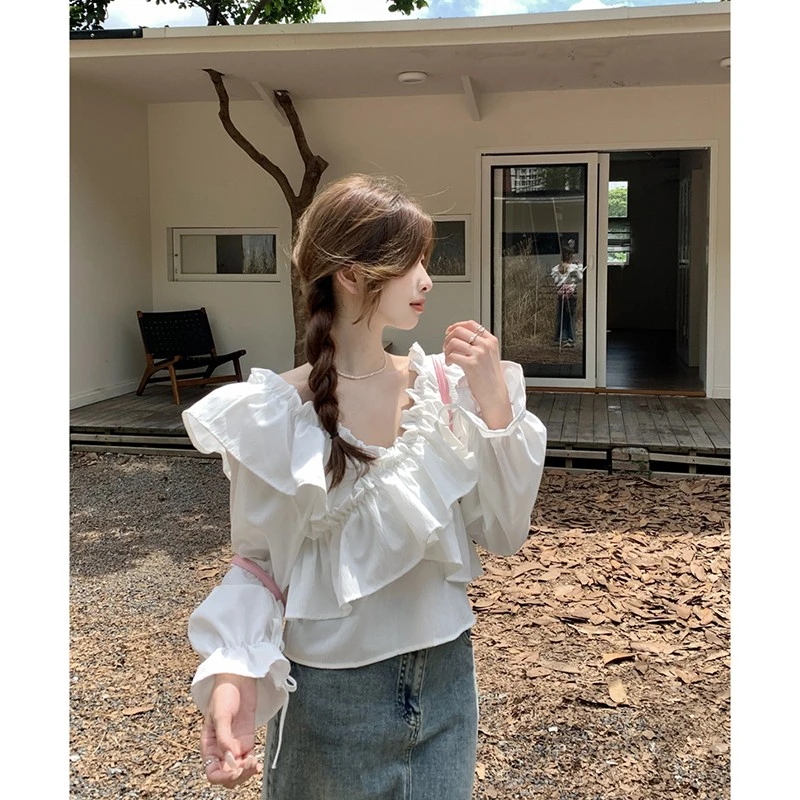 甜美一字肩衬衫女装春季大码微胖mm显瘦短上衣气质喇叭袖小衫衬衣