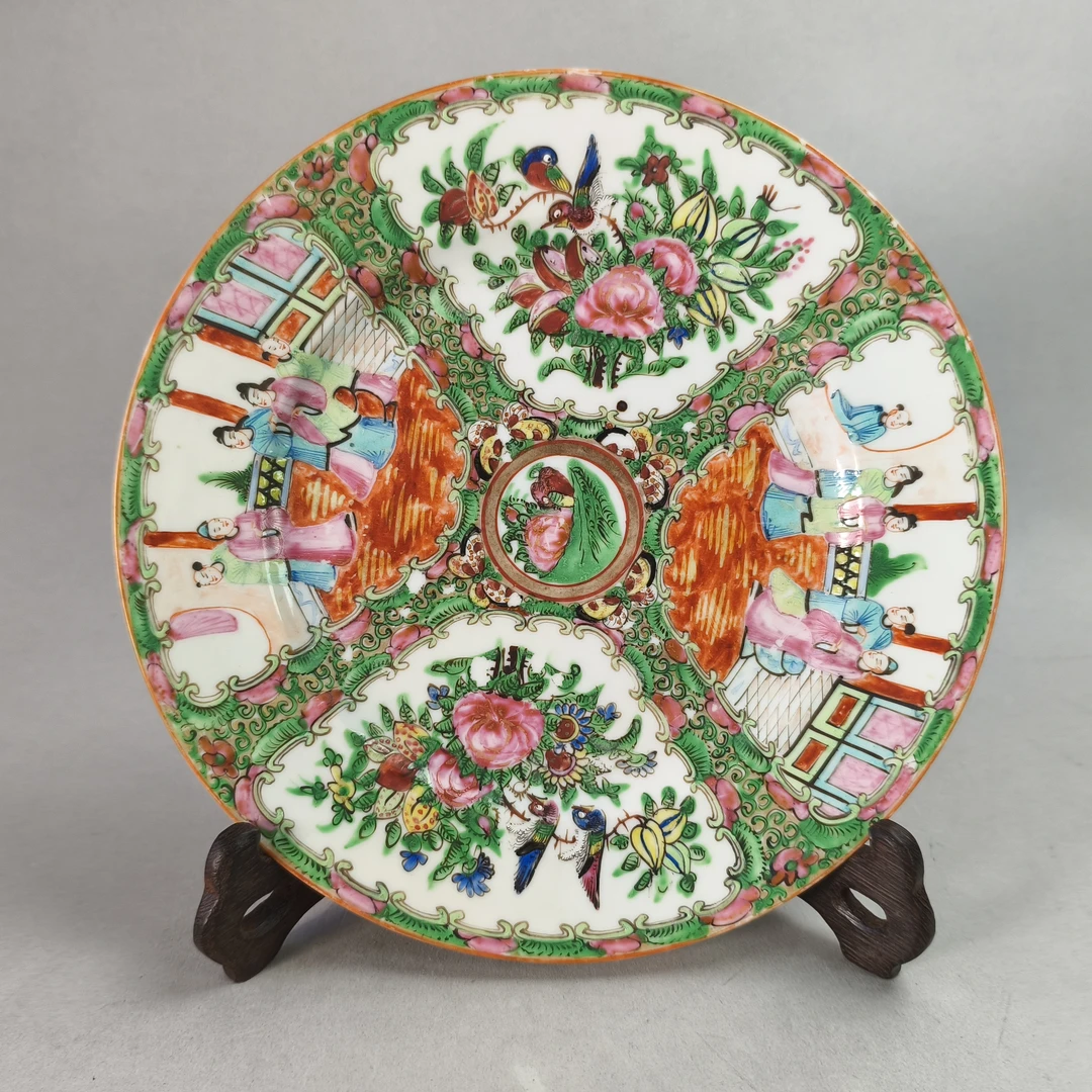 A0173民国广彩开窗人物花鸟纹盘 直径24.7cm
