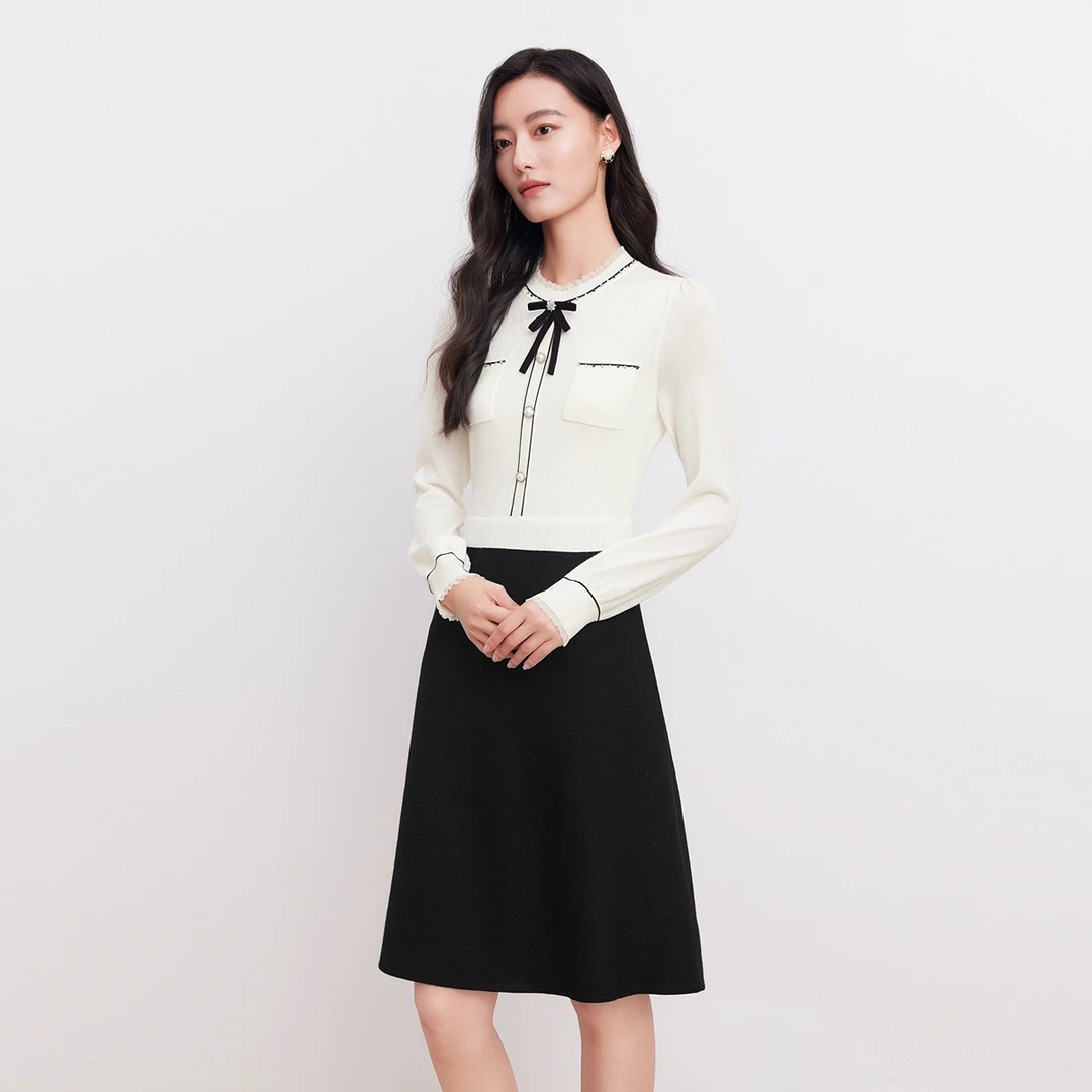 【晨粉专享价】春秋时尚气质通勤蝴蝶结针织拼接连衣裙KF09972E1