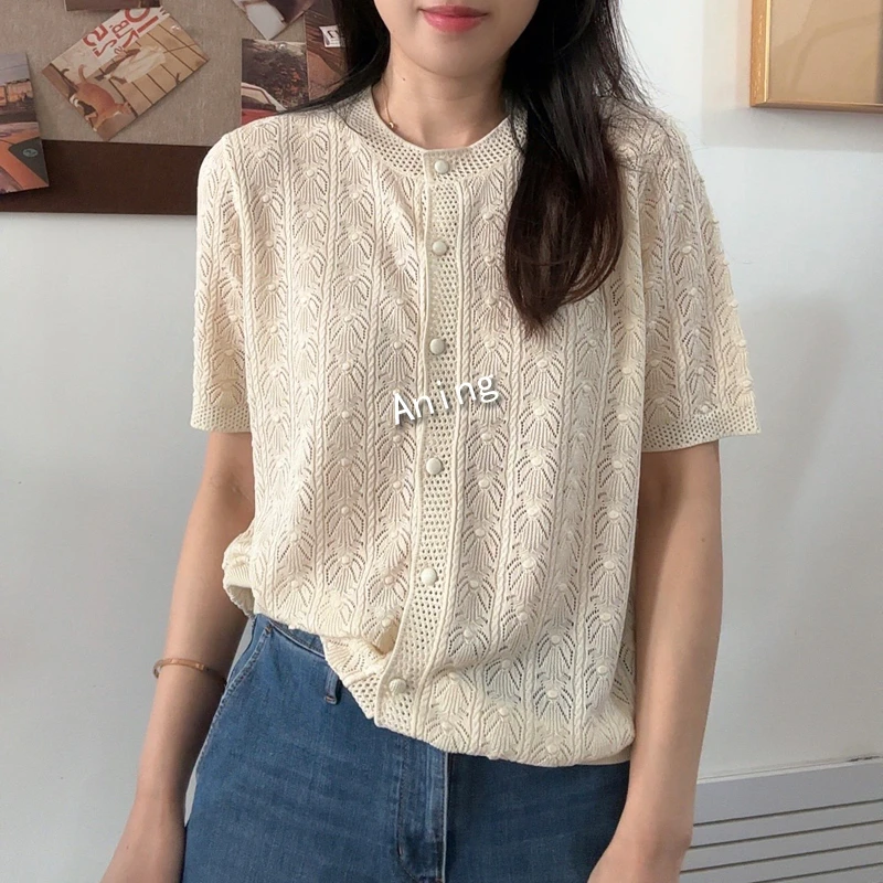 【凉感莱赛尔】时尚柔美重工圆领短袖针织开衫