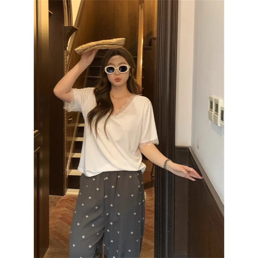 杰瑞【花期为信】天丝羊毛针织拼接蕾丝花边V领短袖t恤女显上衣夏