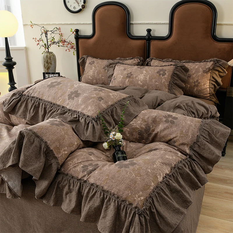 法式复古美式花边加厚磨毛四件套高端床品套件60支棉-适合家用床