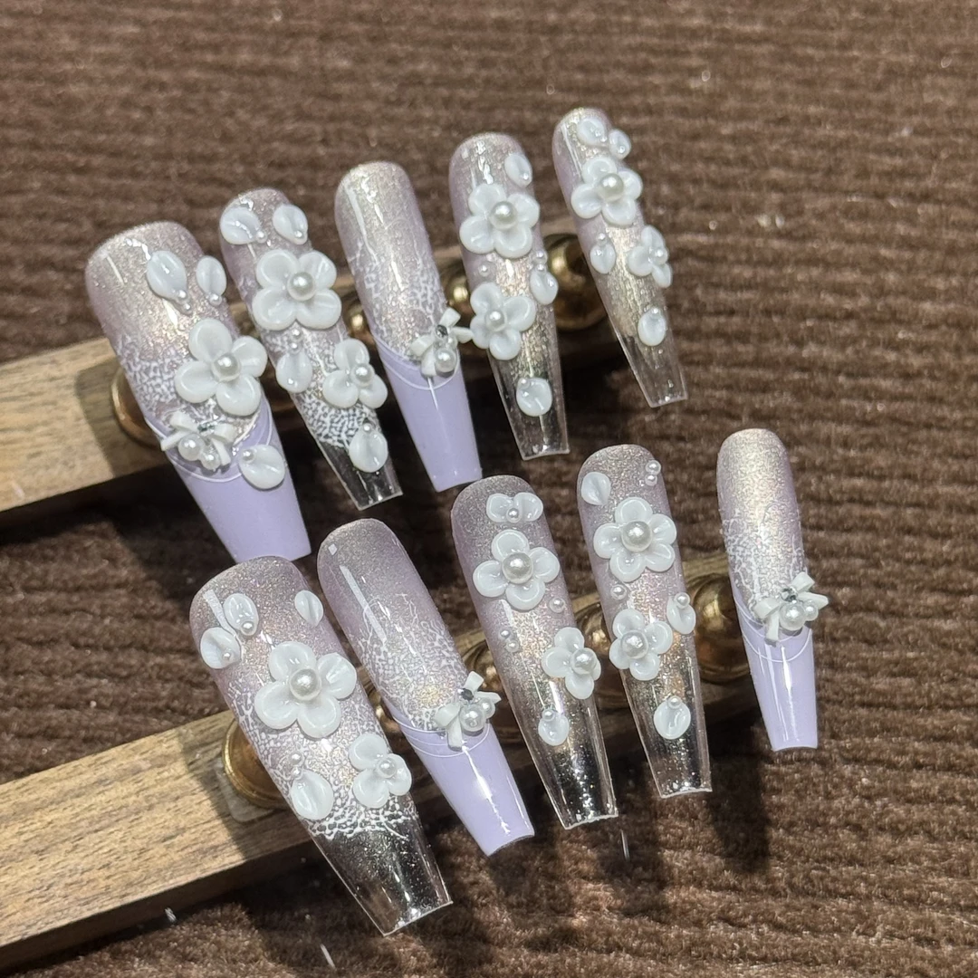 【法式庄园】纯手工原创设计淡紫色猫眼纯手工雕花秋冬新款穿戴甲