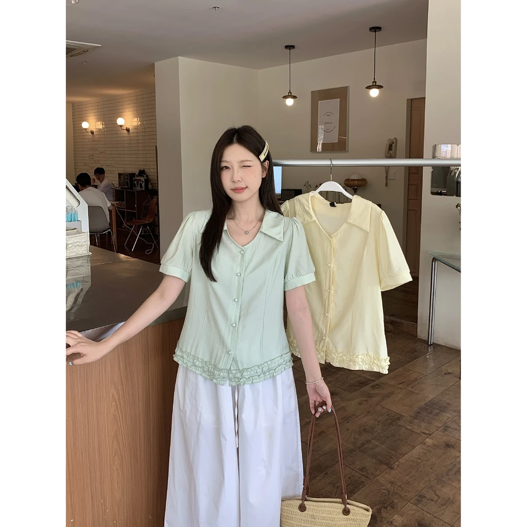 清2025夏大码女装木耳边单排扣短袖衬衫法式气质通勤上衣64700