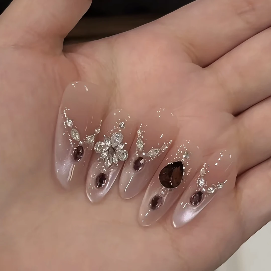 【乌木玫瑰】纯手工穿戴甲秋冬新款猫眼显白粉色系轻奢高级中长款