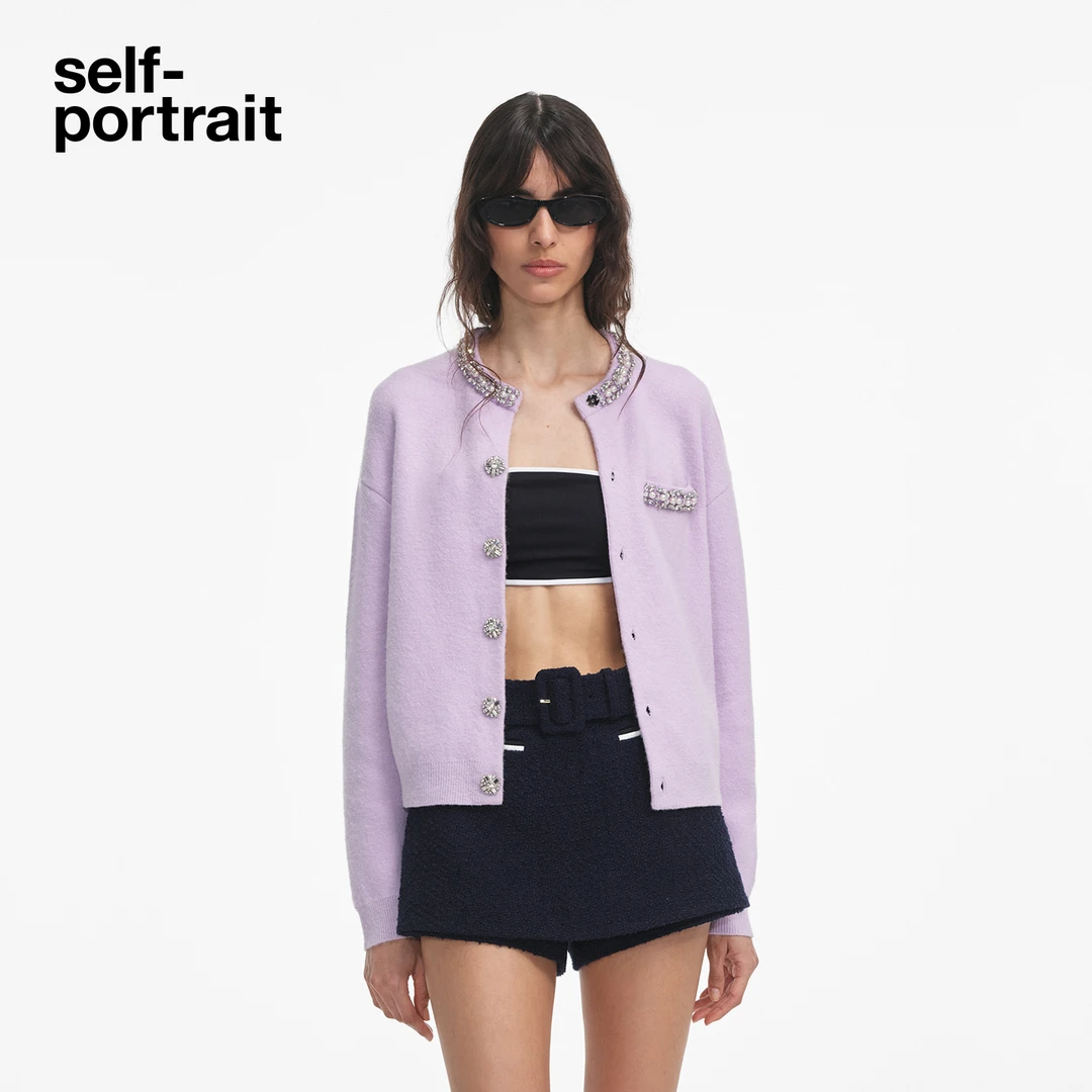 self-portrait 2025秋冬新款丁香紫气质钻饰针织开衫外套上衣