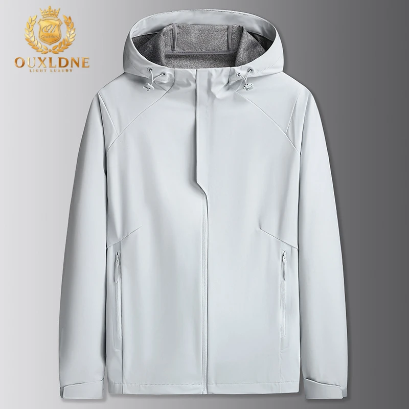 OUXLDNE 连帽夹克外套男春秋季户外休闲防风软壳衣加肥加大码男装
