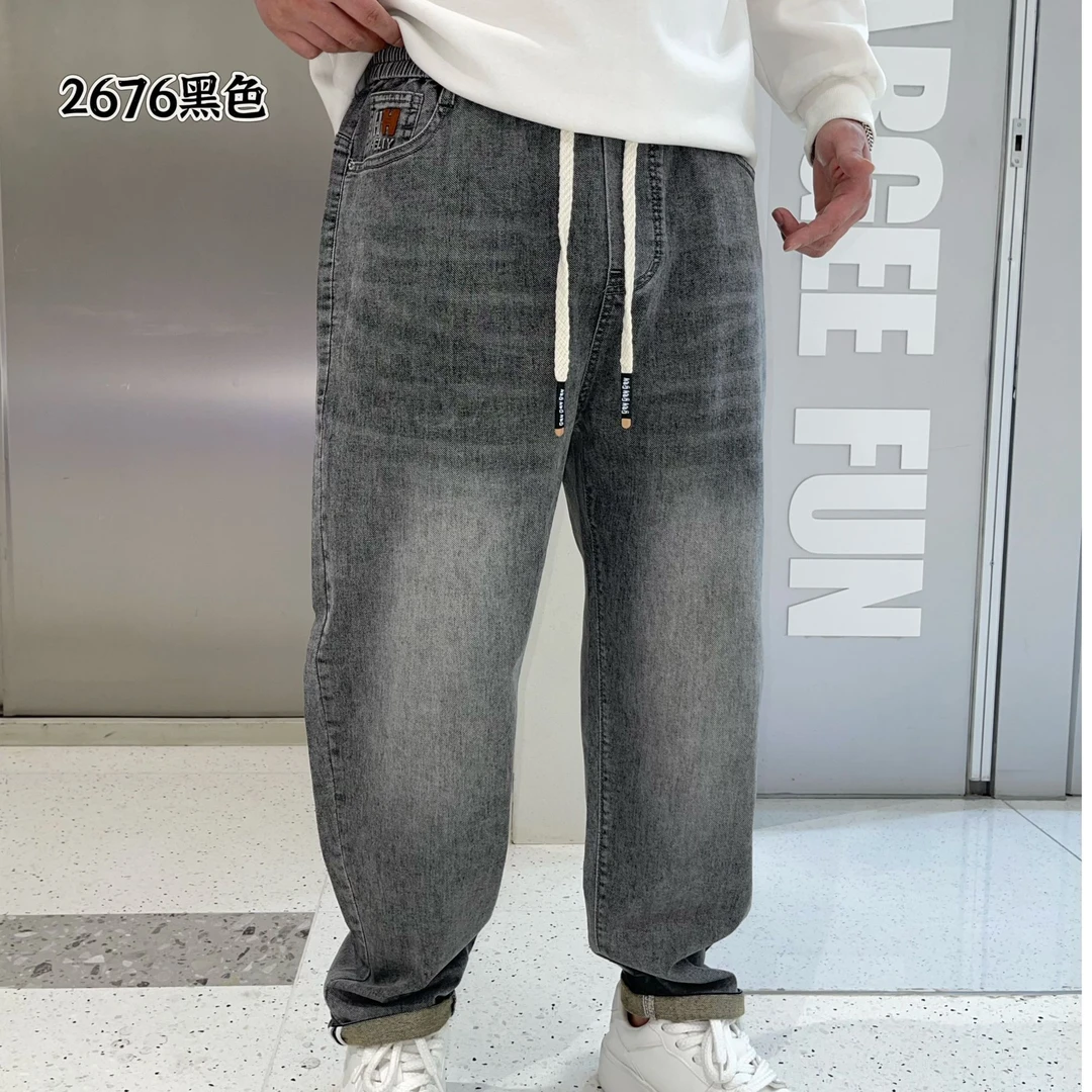 加肥加大男装牛仔弹力休闲散腿水洗定染吊磨200-300斤可穿JY2676