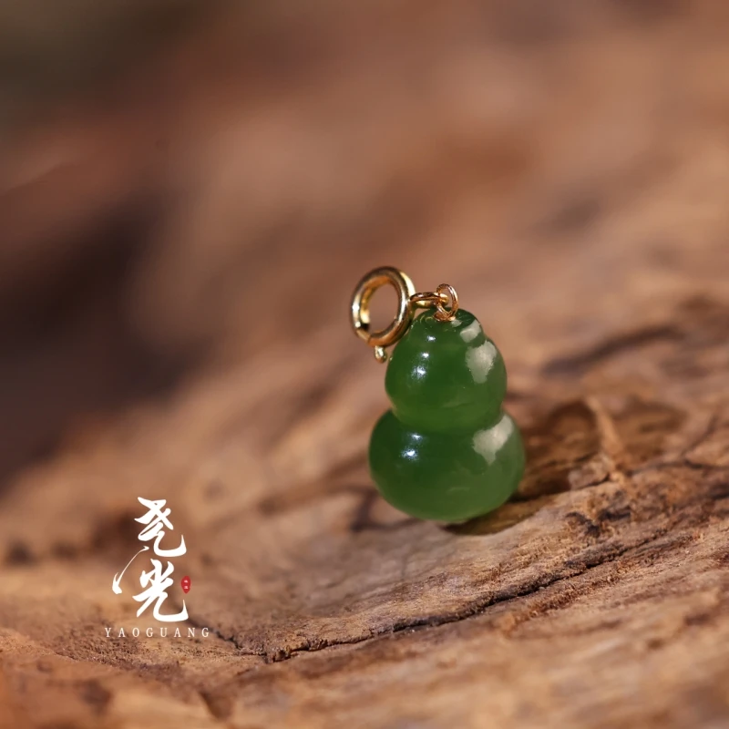 璃若丨18K金精致镶嵌*天然和田碧玉精美小葫芦滴流*万能弹簧扣