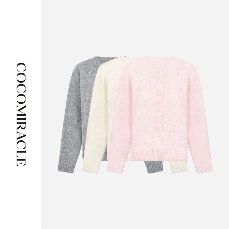 【黄蓉推荐】新款百搭花朵刺绣圆领针织开衫W56MY608