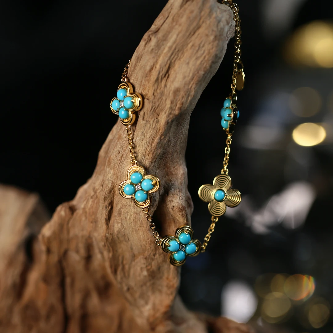 【安曼博】S925银绿松石美松四叶草手链 约 3mm