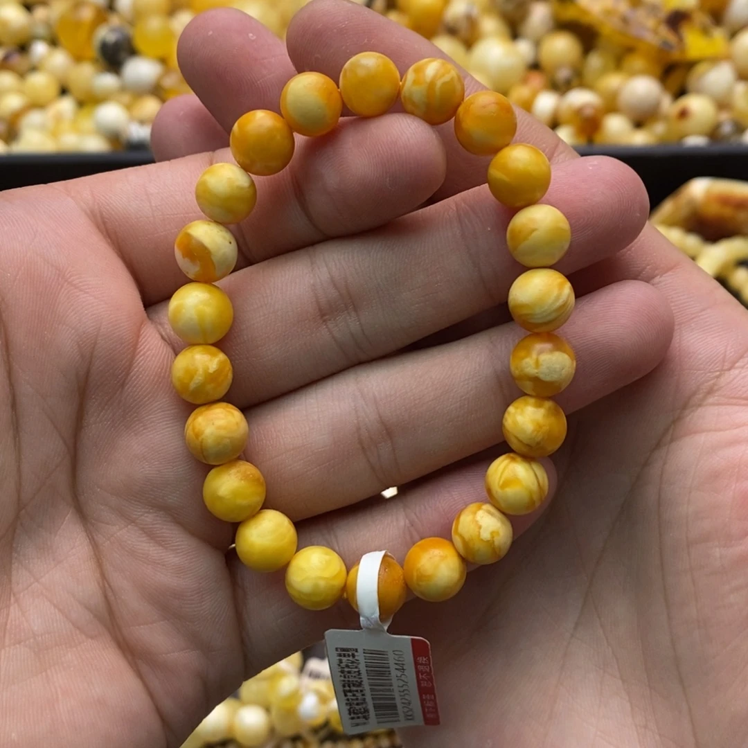 蜜蜡未镶嵌手串沁色花蜡小年份氧化瓷白妖