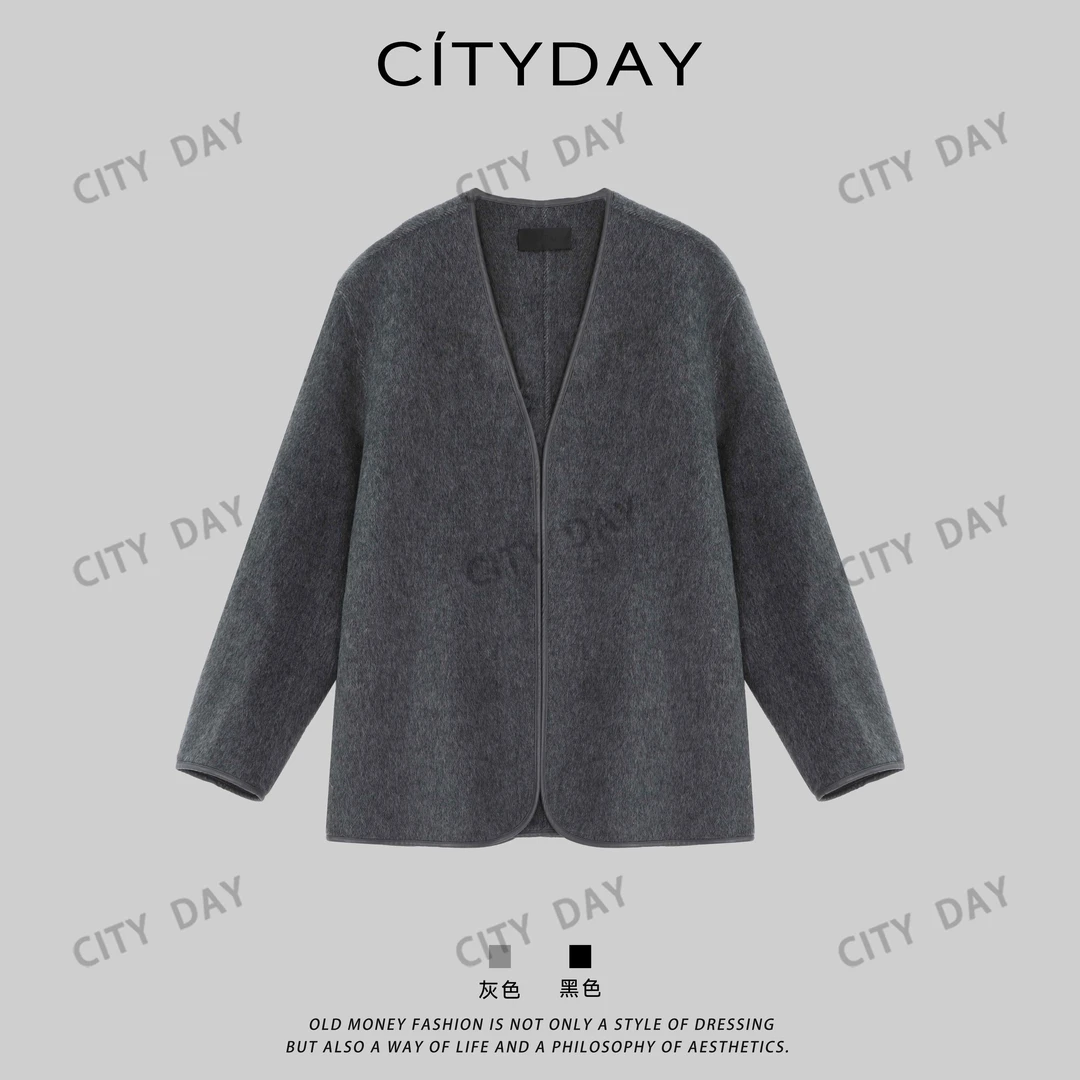 CityDay【楠哥】精纺超细羊毛拼皮边小V领开衫外套男 8290