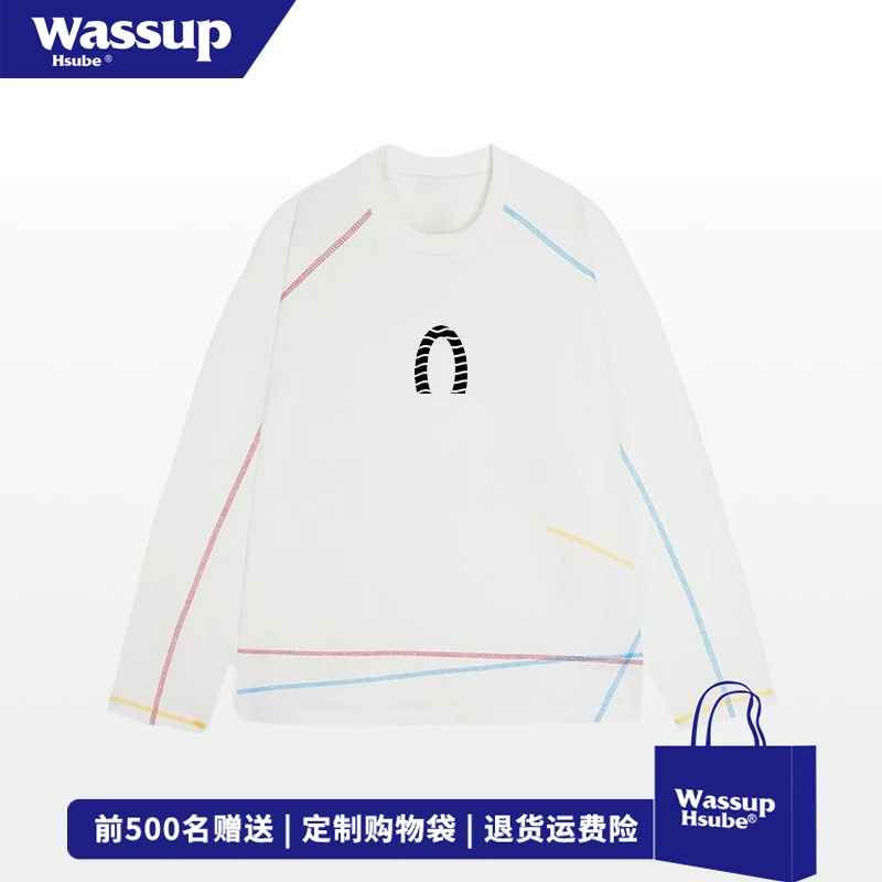 WASSUP HSUBE欧美式街头字母上衣男女彩色不规则三针五线长袖T恤