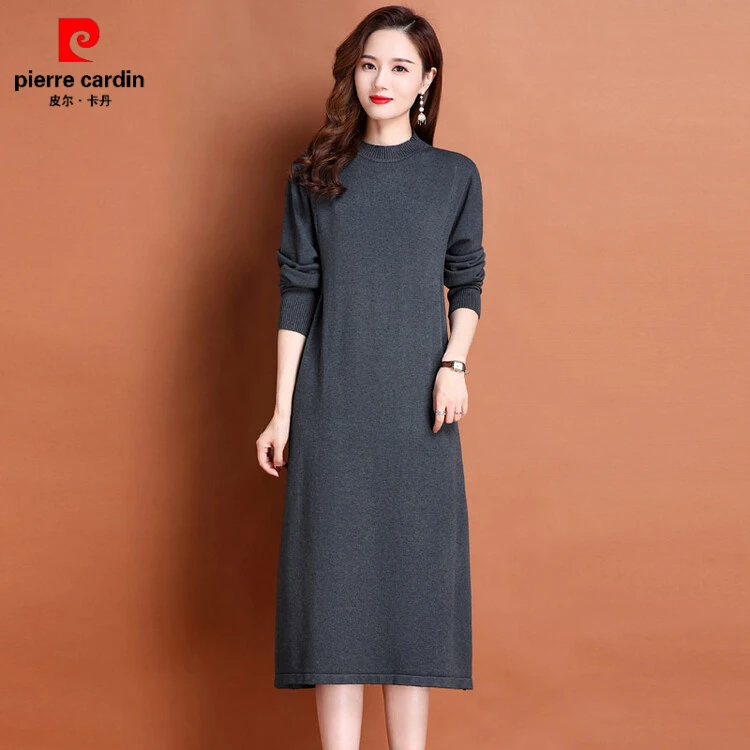 皮尔卡丹长款纯色百搭秋冬新款针织打底衫大码宽松半高领羊绒内搭