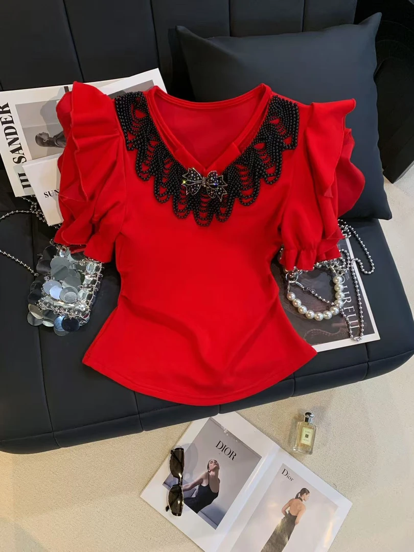 ZHOUYI/周一 2025夏季红色百搭上衣女蝴蝶结花苞袖T恤修身短袖